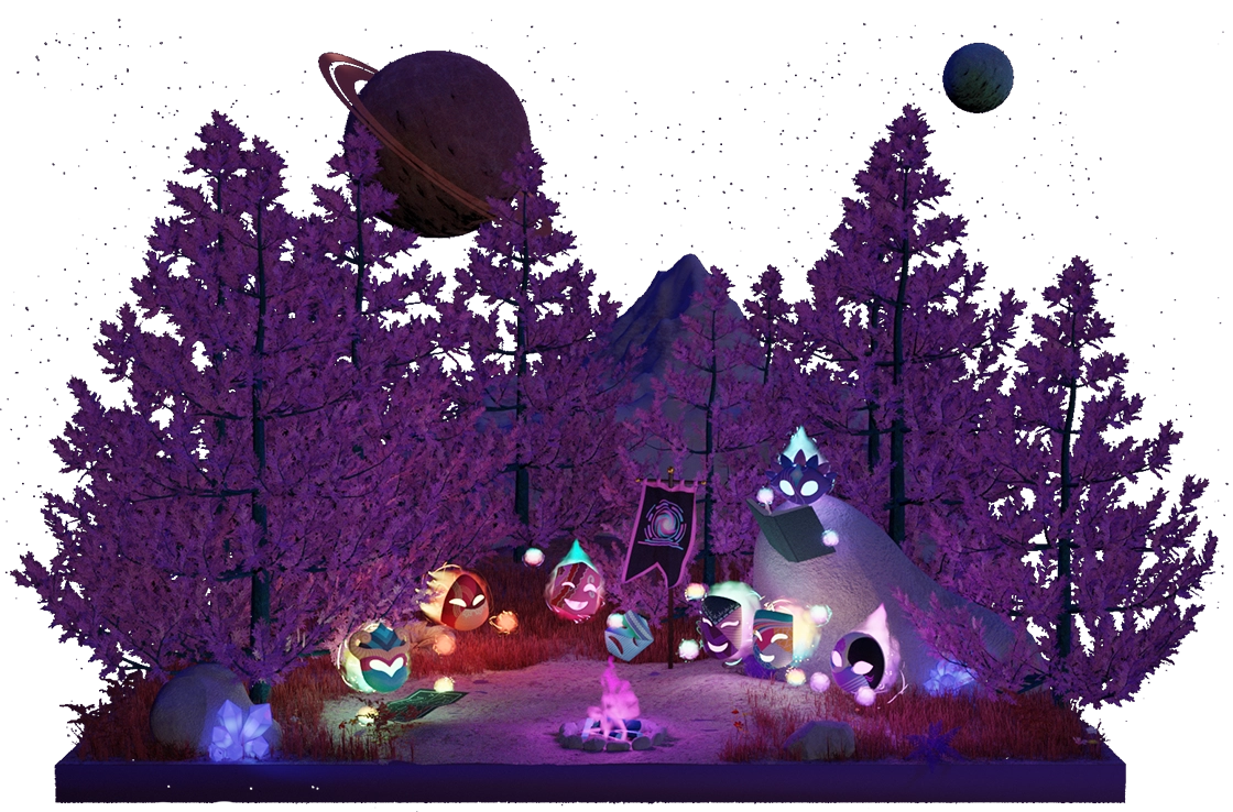 Kinsprits gathered around a Campfire in the middle of an alien forest