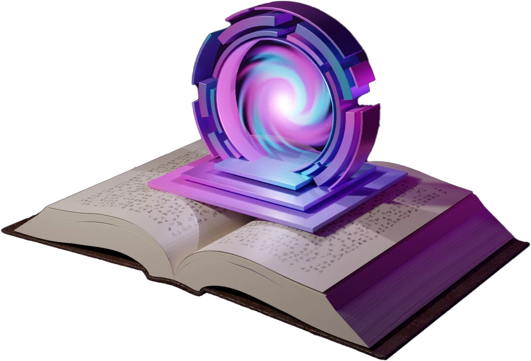 3D version of the Storylace Magic Portal logo sitting on top of an open book's pages