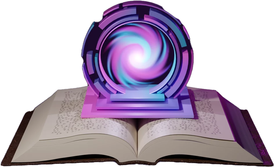 Front view of the 3D version of the Storylace Magic Portal logo sitting on top of an open book's pages